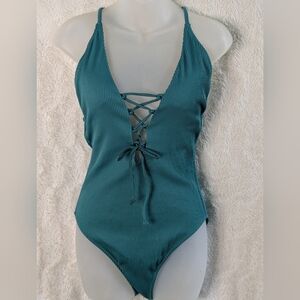 🆕 Cupshe Teal Green 1 pc Lace-Up Swimsuit V-neck Criss Cross Ribbed